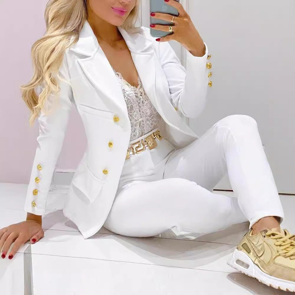 Women's Autumn Winter Solid Color Single Breasted Blazer With High Waist Tapered Pants Casual Suit Set