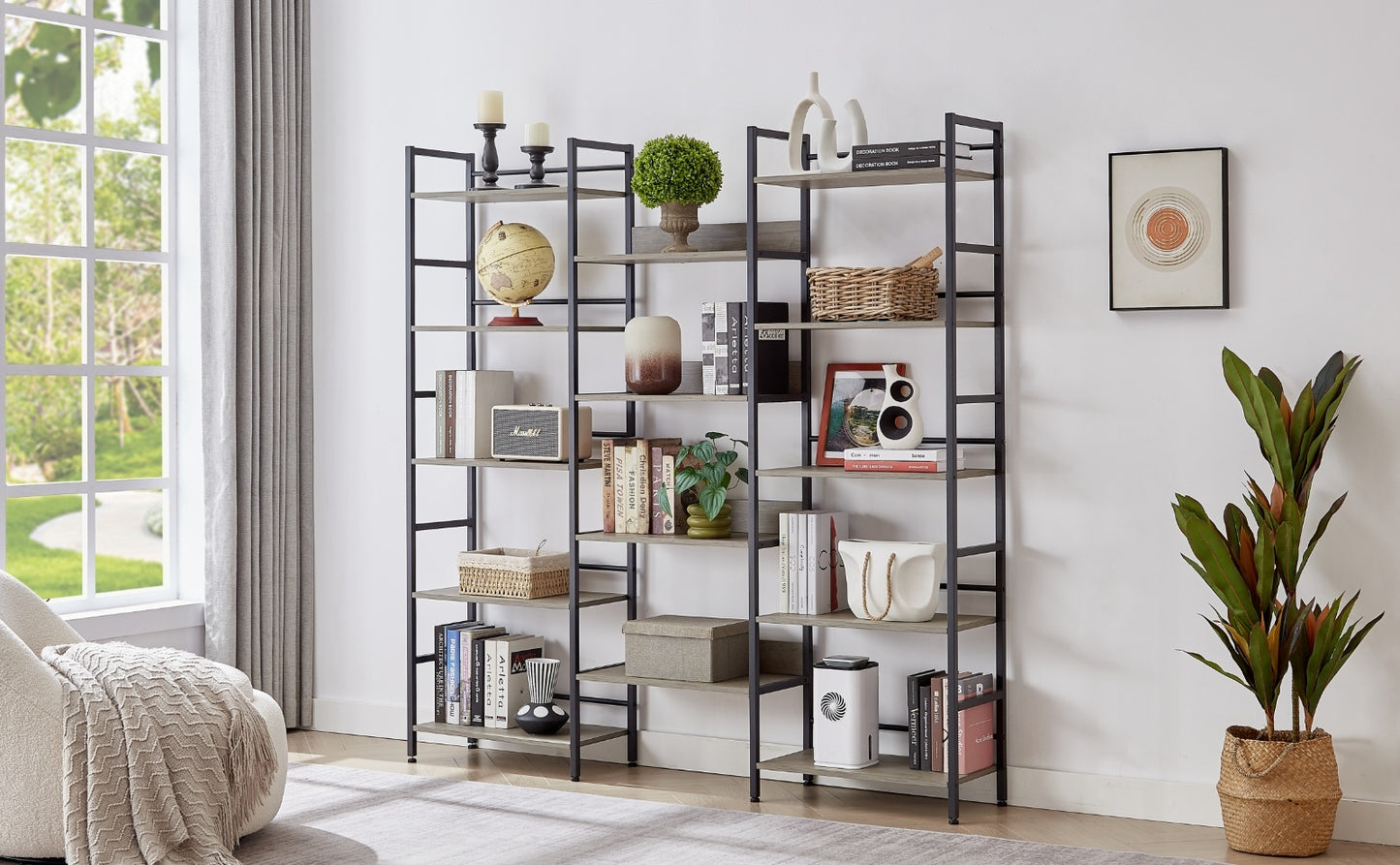 Triple Wide 5-Shelf Industrial Retro Bookshelves For Home & Office
