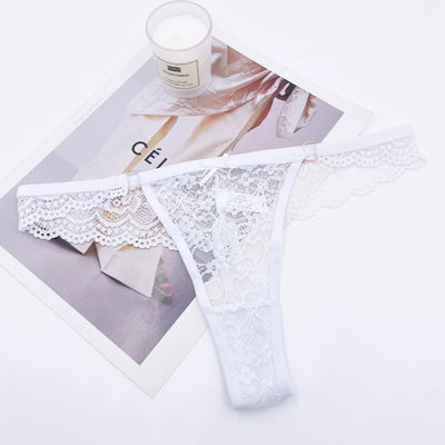 Rhinestone Letter Lace See-through Thong