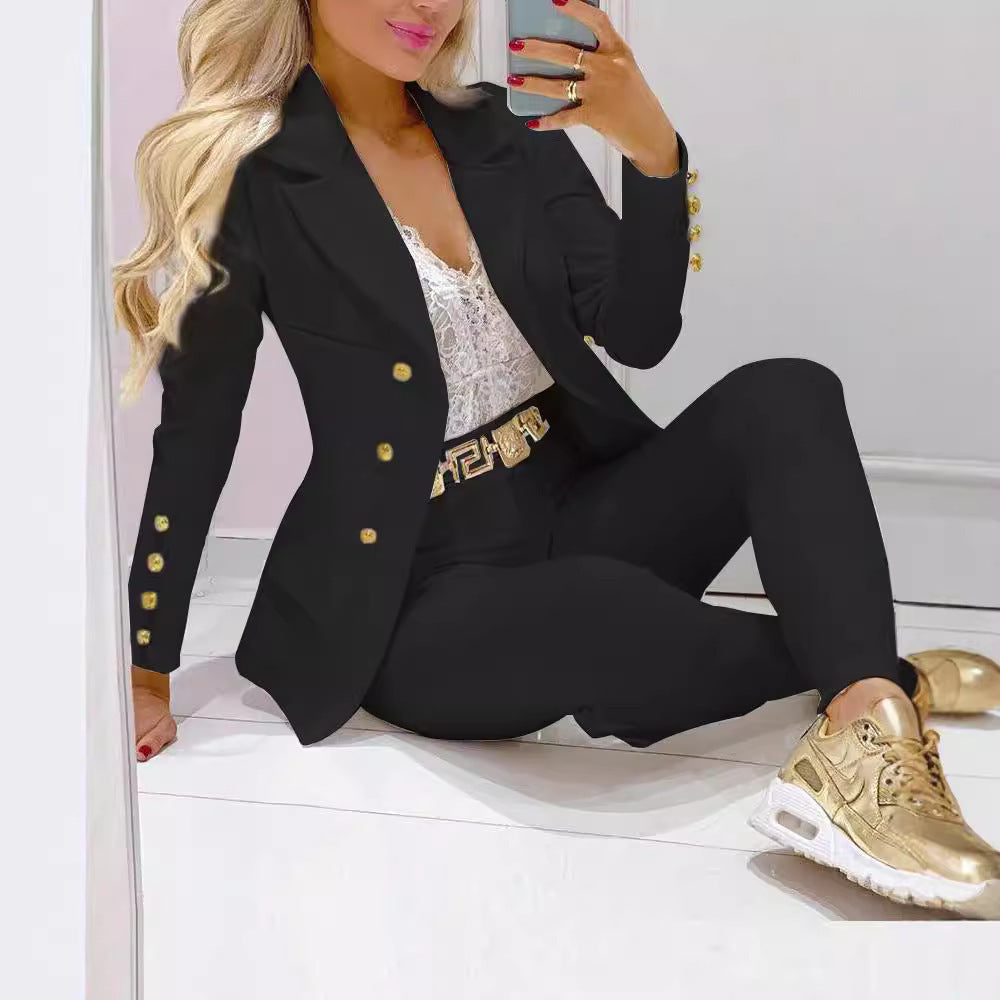 Women's Autumn Winter Solid Color Single Breasted Blazer With High Waist Tapered Pants Casual Suit Set