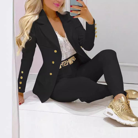 Women's Autumn Winter Solid Color Single Breasted Blazer With High Waist Tapered Pants Casual Suit Set