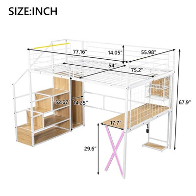 Full Size Metal Loft Bed With Built-in Work Station, Wardrobe, Storage Staircase And LED, White