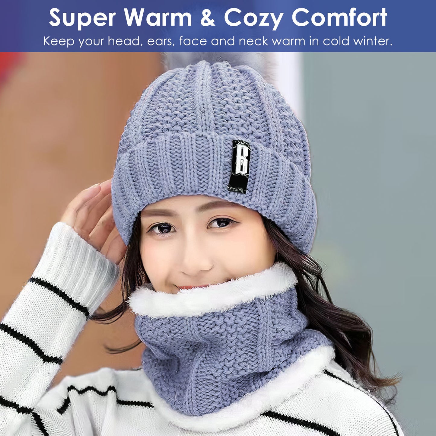 1Set Winter Beanie Hat Scarf Set Women Warm Knitting Skull Cap Neck Warmer For Walking Running Hiking Camping Outdoors Gift