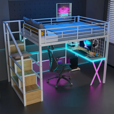 Full Size Metal Loft Bed With Built-in Work Station, Wardrobe, Storage Staircase And LED, White