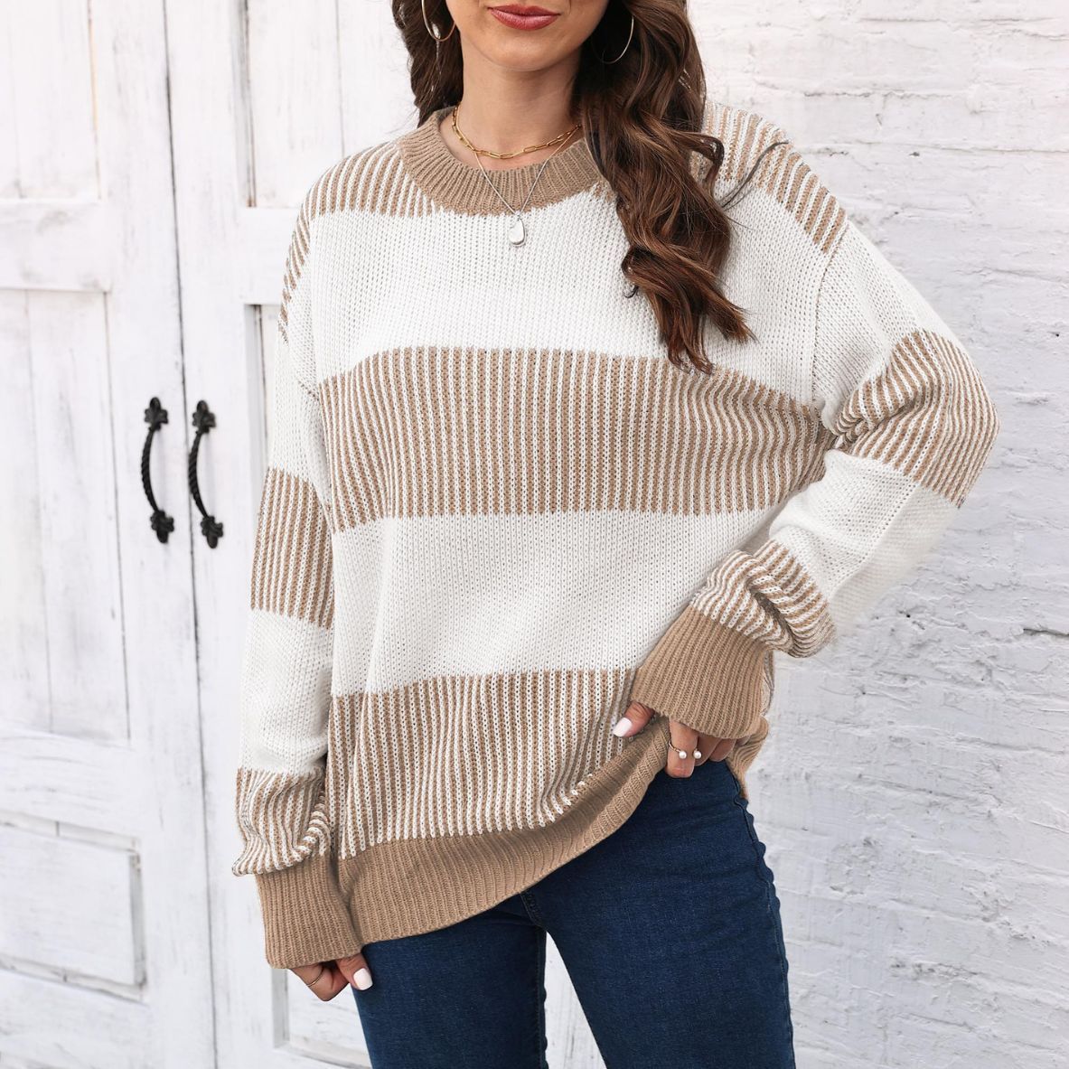Women's Contrast Striped Stitching Sweater