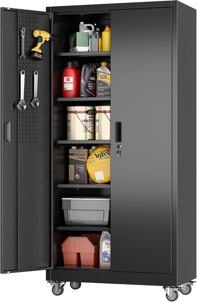 Metal Garage Cabinet With Wheels And Pegboard, Lockable Rolling Steel Cabinet With 5 Adjustable Shelves And Door For Garage, Office, Kitchen, Assembly Required Black