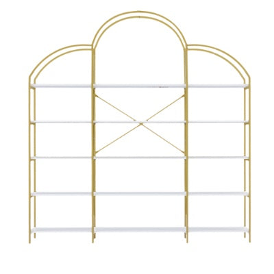 74.8 Inch 5 Tiers Office Bookcase Bookshelf, Display Shelf With Round Top, X Bar Gold Frame