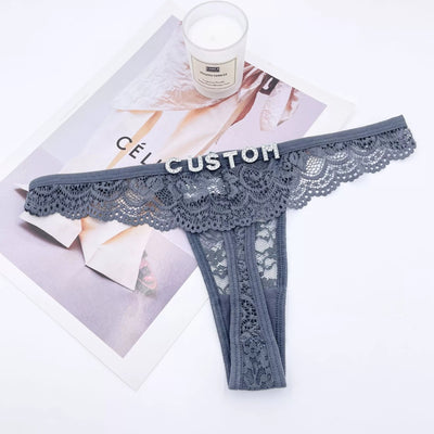 Rhinestone Letter Lace See-through Thong