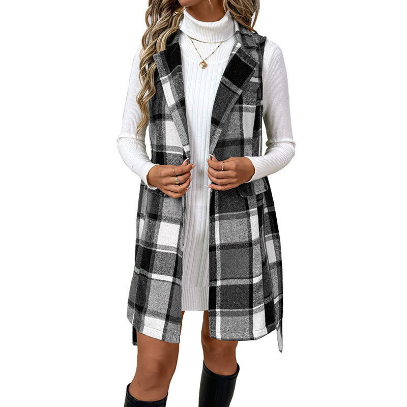 Commuter Retro Style Lace-up Turn-down Collar Plaid Women's Vest