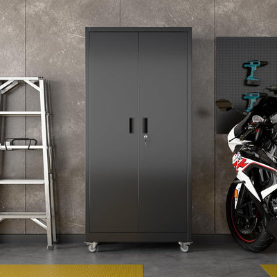 Metal Garage Cabinet With Wheels And Pegboard, Lockable Rolling Steel Cabinet With 5 Adjustable Shelves And Door For Garage, Office, Kitchen, Assembly Required Black