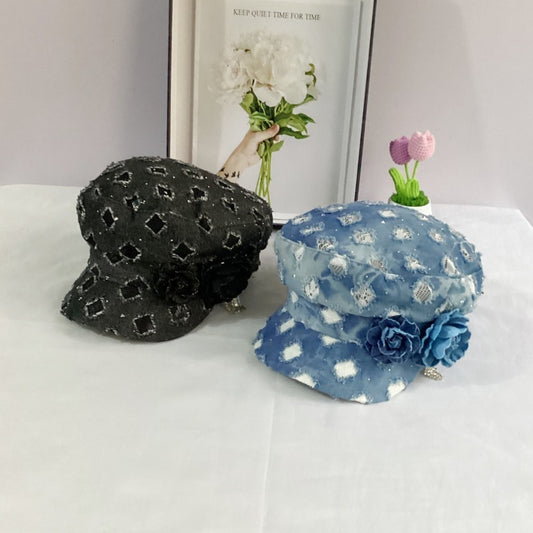 Fashion Flat Top Octagonal Cap Hole Denim All-match Navy Hat