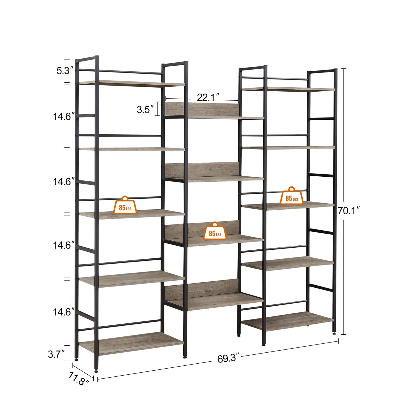 Triple Wide 5-Shelf Industrial Retro Bookshelves For Home & Office