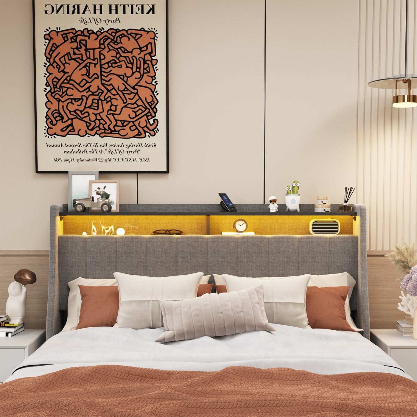 Queen Size Bed Frame With LED, Storage Drawers, Wings Headboard - Light Gray