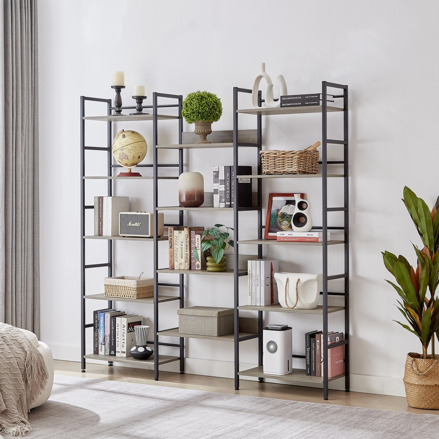Triple Wide 5-Shelf Industrial Retro Bookshelves For Home & Office