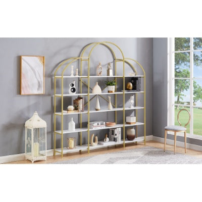 74.8 Inch 5 Tiers Office Bookcase Bookshelf, Display Shelf With Round Top, X Bar Gold Frame