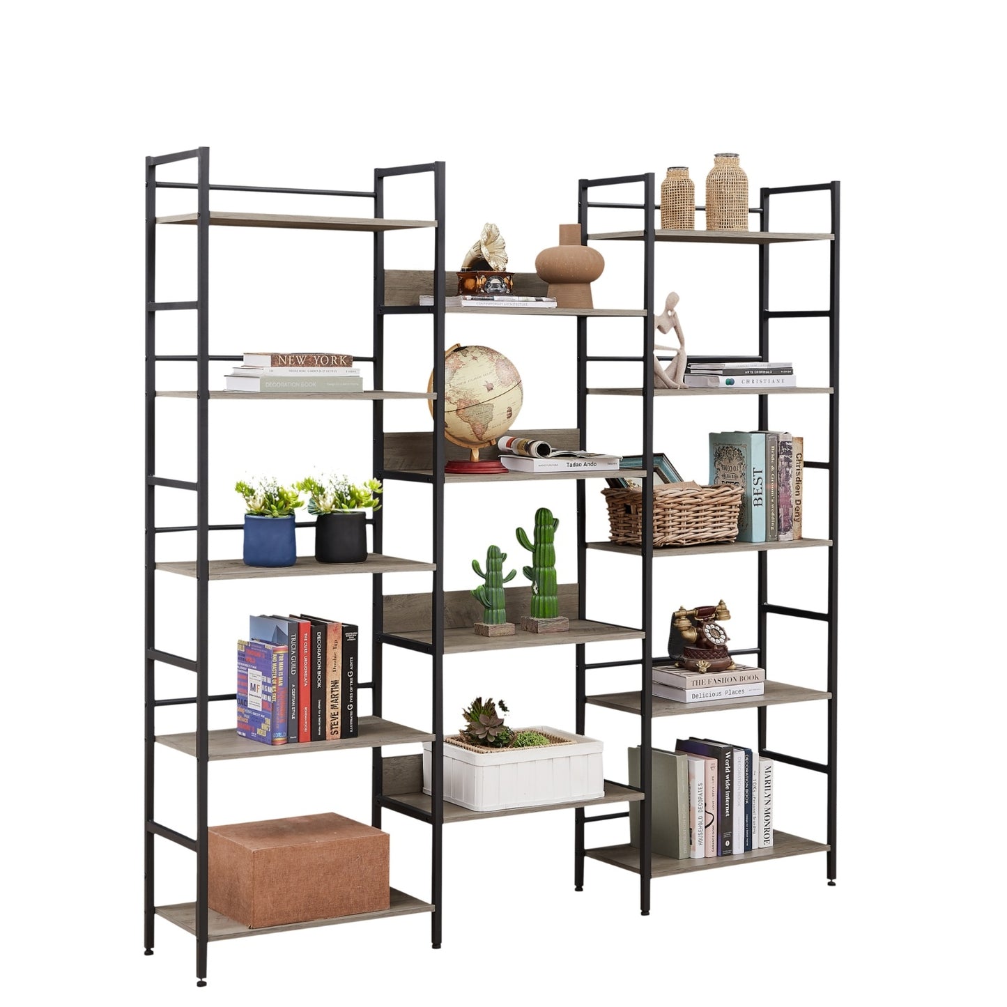 Triple Wide 5-Shelf Industrial Retro Bookshelves For Home & Office