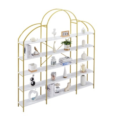 74.8 Inch 5 Tiers Office Bookcase Bookshelf, Display Shelf With Round Top, X Bar Gold Frame