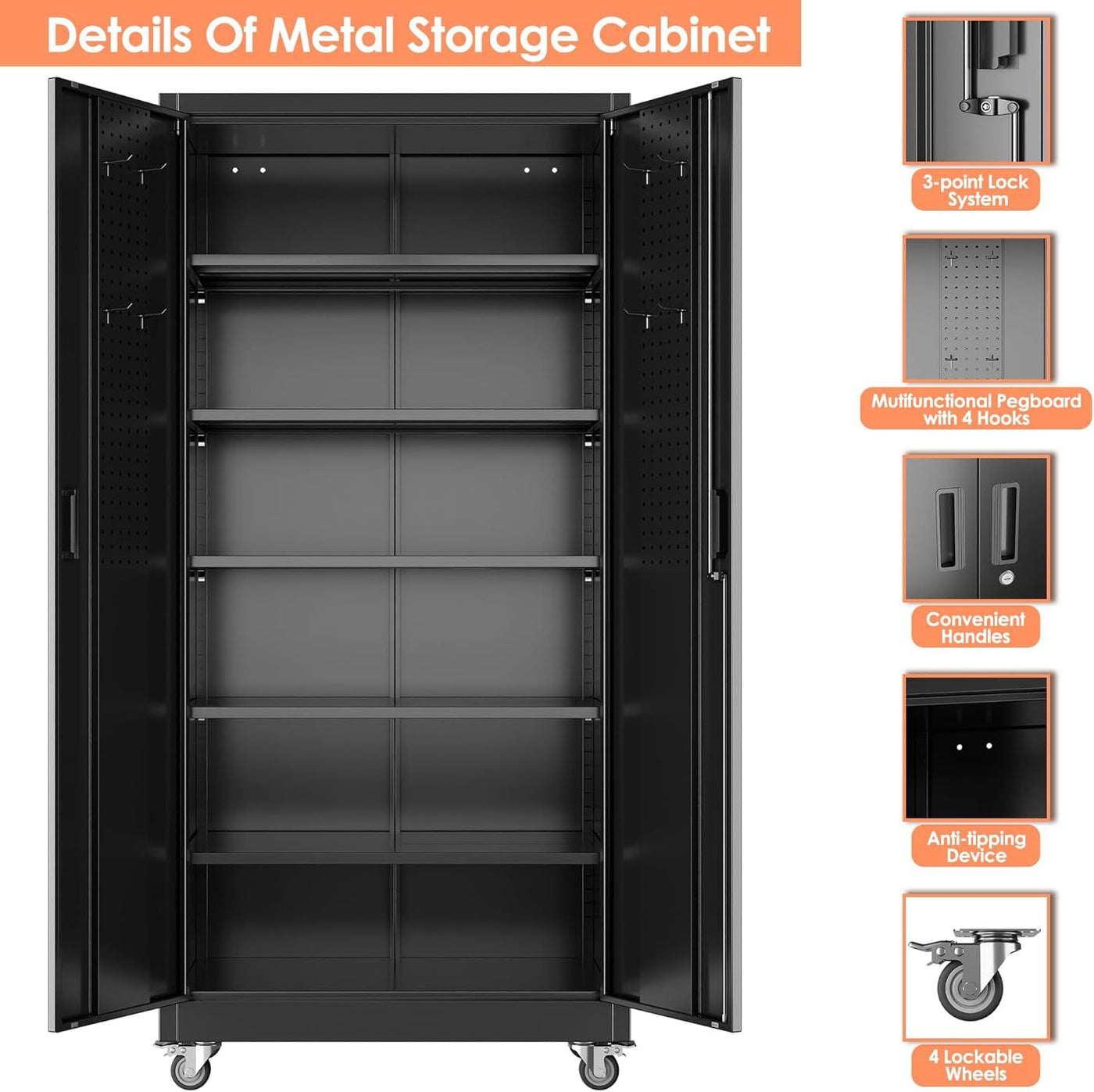 Metal Garage Cabinet With Wheels And Pegboard, Lockable Rolling Steel Cabinet With 5 Adjustable Shelves And Door For Garage, Office, Kitchen, Assembly Required Black