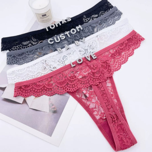 Rhinestone Letter Lace See-through Thong