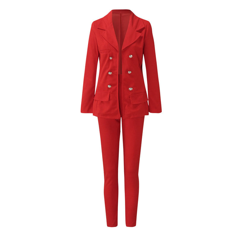 Women's Autumn Winter Solid Color Single Breasted Blazer With High Waist Tapered Pants Casual Suit Set