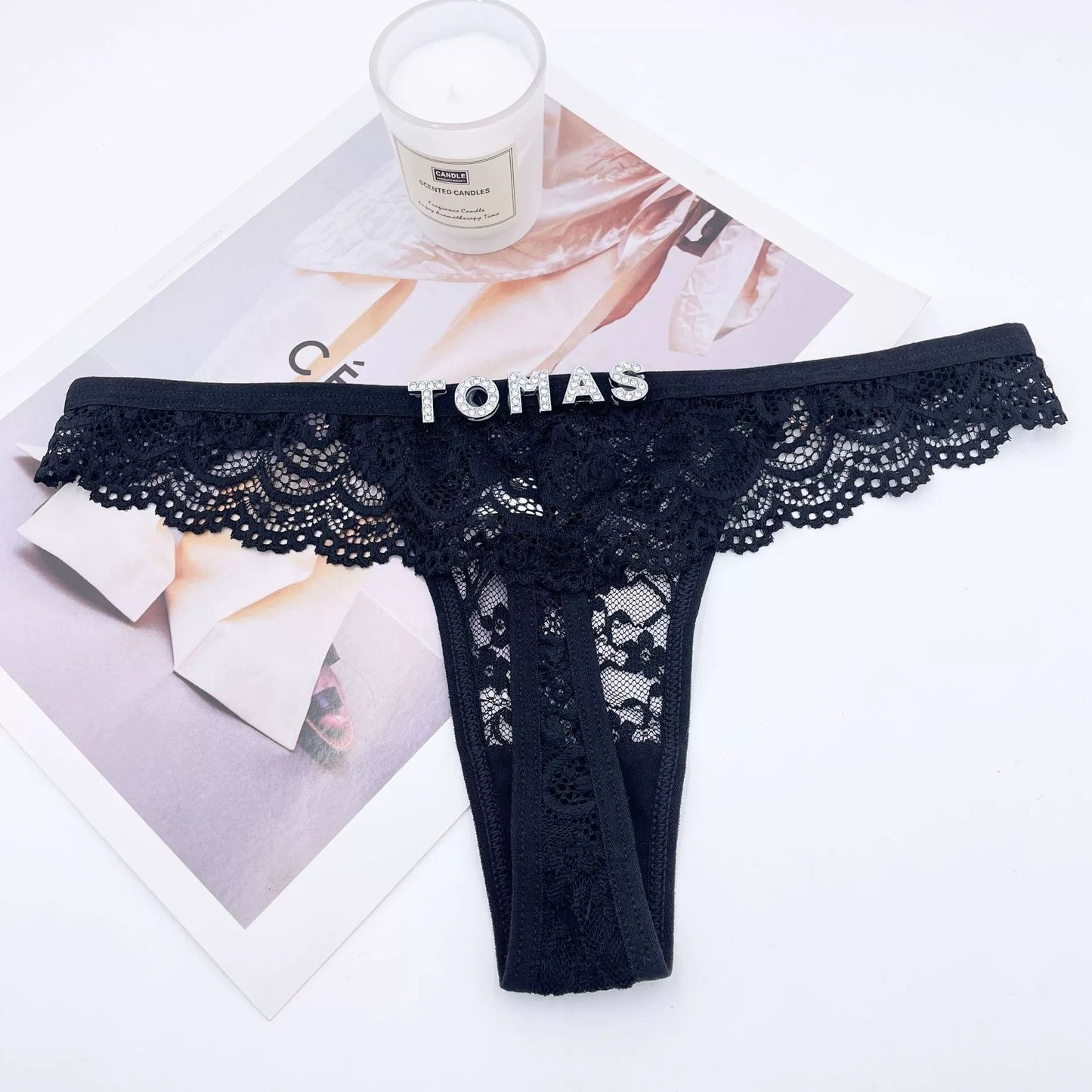 Rhinestone Letter Lace See-through Thong