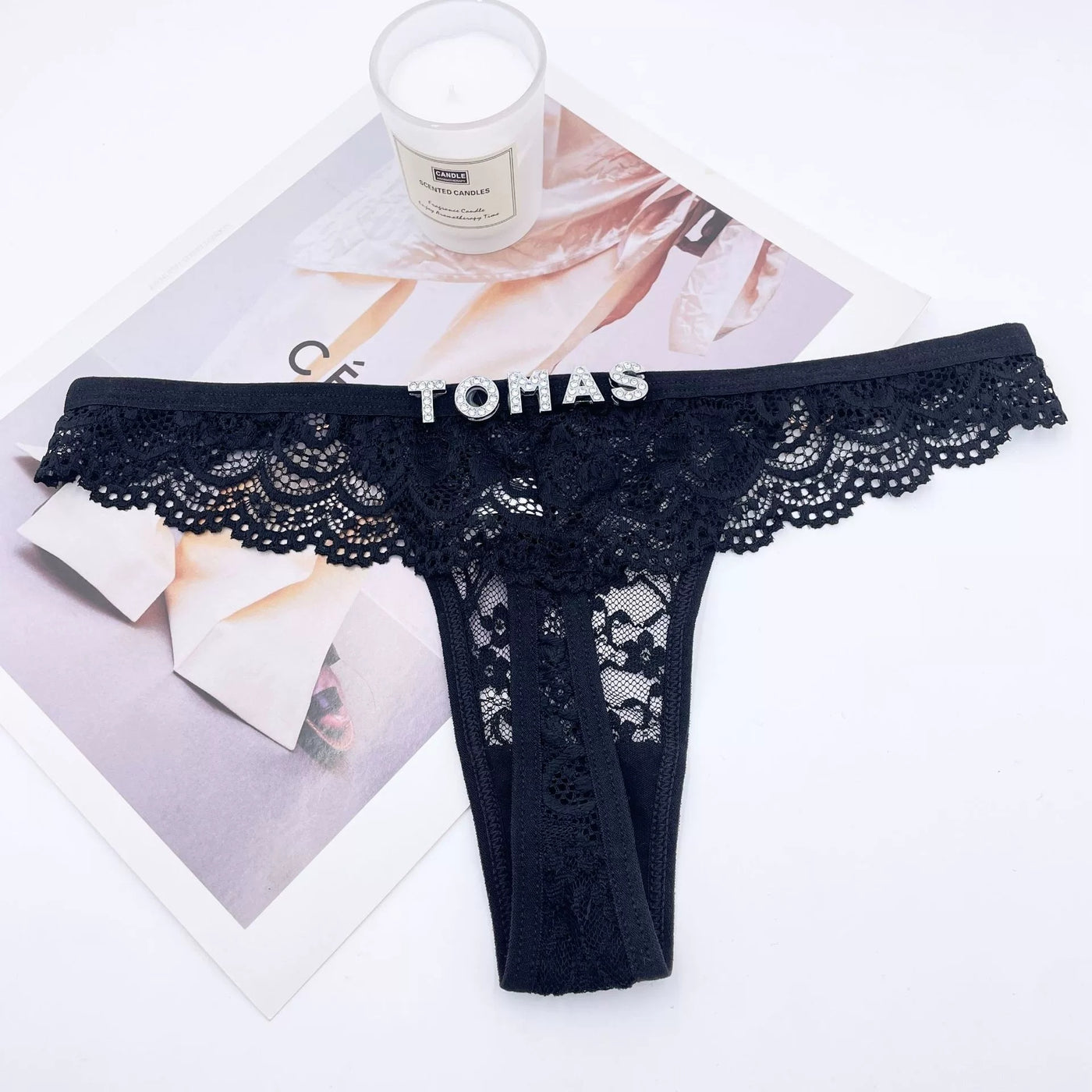 Rhinestone Letter Lace See-through Thong