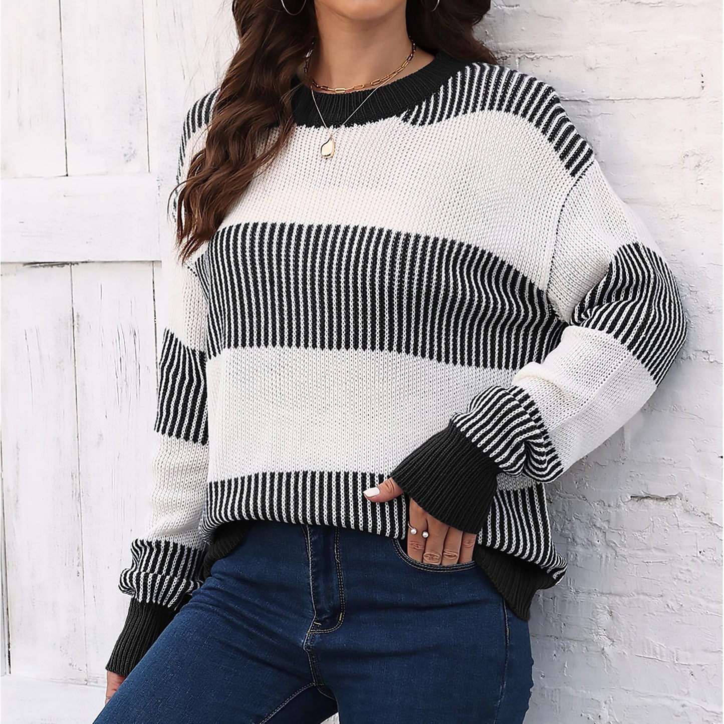Women's Contrast Striped Stitching Sweater