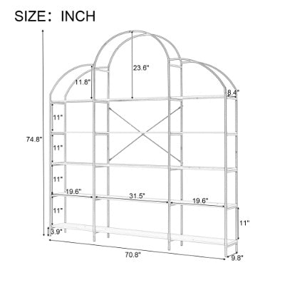 74.8 Inch 5 Tiers Office Bookcase Bookshelf, Display Shelf With Round Top, X Bar Gold Frame