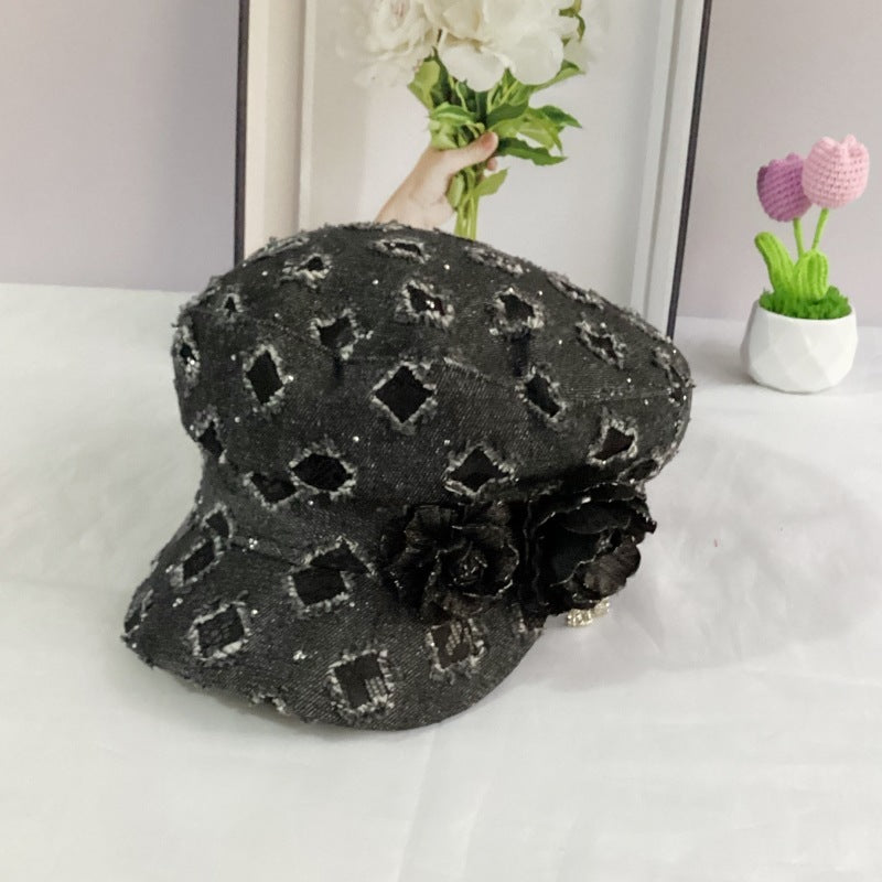 Fashion Flat Top Octagonal Cap Hole Denim All-match Navy Hat