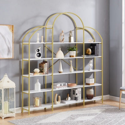 74.8 Inch 5 Tiers Office Bookcase Bookshelf, Display Shelf With Round Top, X Bar Gold Frame