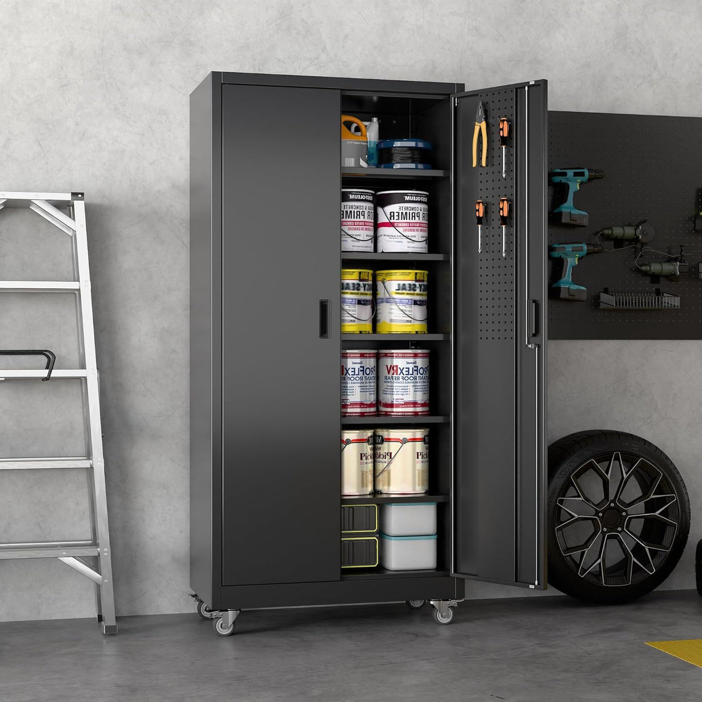 Metal Garage Cabinet With Wheels And Pegboard, Lockable Rolling Steel Cabinet With 5 Adjustable Shelves And Door For Garage, Office, Kitchen, Assembly Required Black