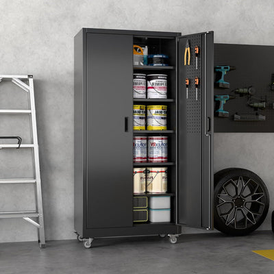 Metal Garage Cabinet With Wheels And Pegboard, Lockable Rolling Steel Cabinet With 5 Adjustable Shelves And Door For Garage, Office, Kitchen, Assembly Required Black