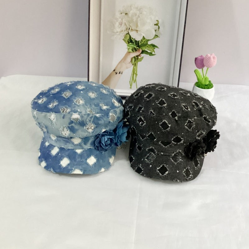 Fashion Flat Top Octagonal Cap Hole Denim All-match Navy Hat